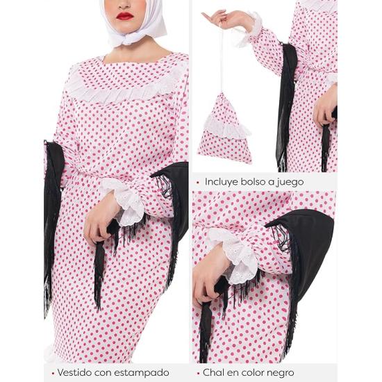 Fato Chulapa Deluxe para mulher, vestido, xale, cachecol, cravo e bolsa, tamanho standard, licença oficial para San Isidro, Chulapos, Chotis, Madrid
