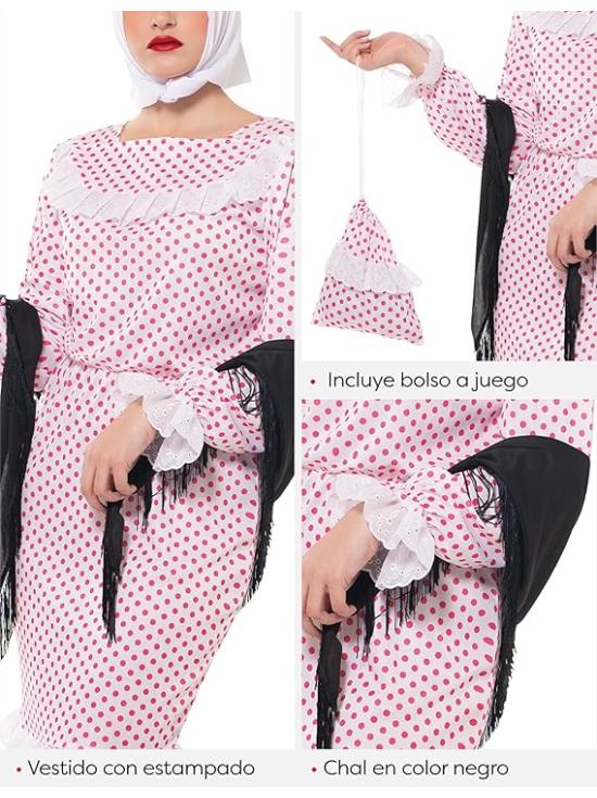 Fato Chulapa Deluxe para mulher, vestido, xale, cachecol, cravo e bolsa, tamanho standard, licença oficial para San Isidro, Chulapos, Chotis, Madrid