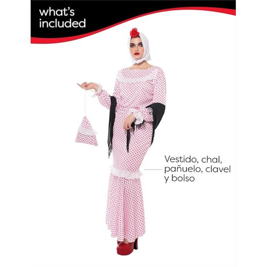 Fato Chulapa Deluxe para mulher, vestido, xale, cachecol, cravo e bolsa, tamanho standard, licença oficial para San Isidro, Chulapos, Chotis, Madrid