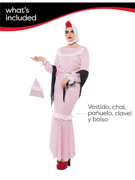 Fato Chulapa Deluxe para mulher, vestido, xale, cachecol, cravo e bolsa, tamanho standard, licença oficial para San Isidro, Chulapos, Chotis, Madrid