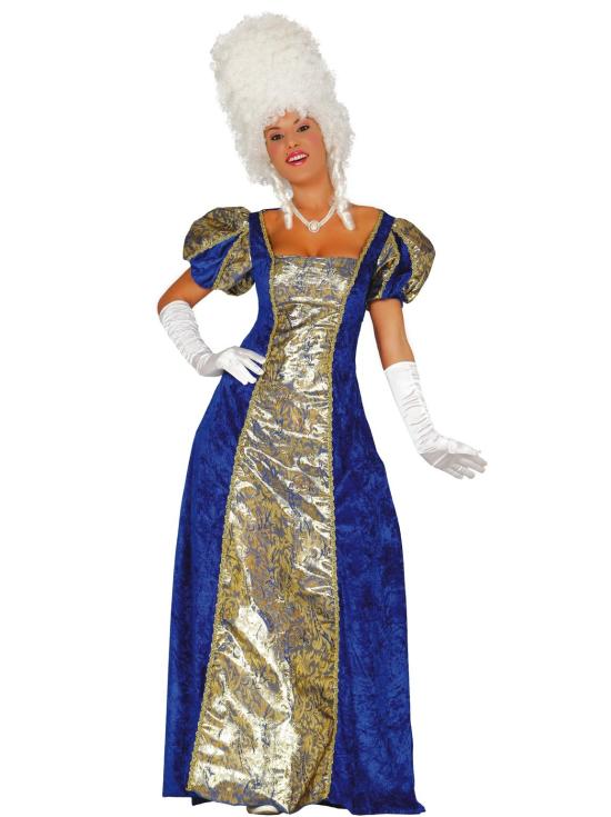Traje de cortesã azul de época.