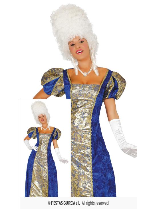 Traje de cortesã azul de época.