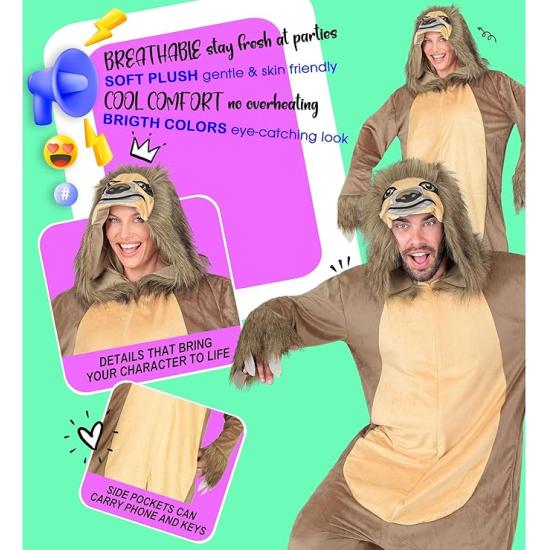 Fantasia de Bicho-Preguiça Adulto – Macacão de Pelúcia com Capuz