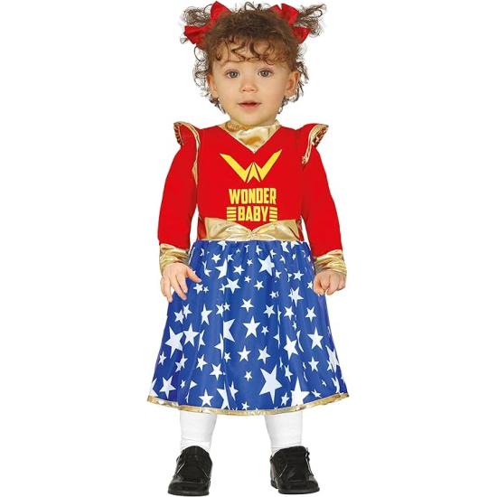 Fantasia Wonder Baby - Vestido Super Heroína Vermelho e Azul com Estrelas para Bebê **