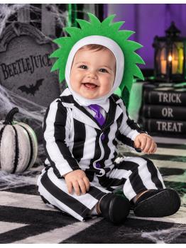 Fantasia de bebê com estampa listrada em preto e branco, estilo Beetlejuice
