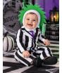 Fantasia de bebê com estampa listrada em preto e branco, estilo Beetlejuice