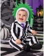Fantasia de bebê com estampa listrada em preto e branco, estilo Beetlejuice