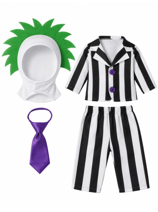 Fantasia de bebê com estampa listrada em preto e branco, estilo Beetlejuice
