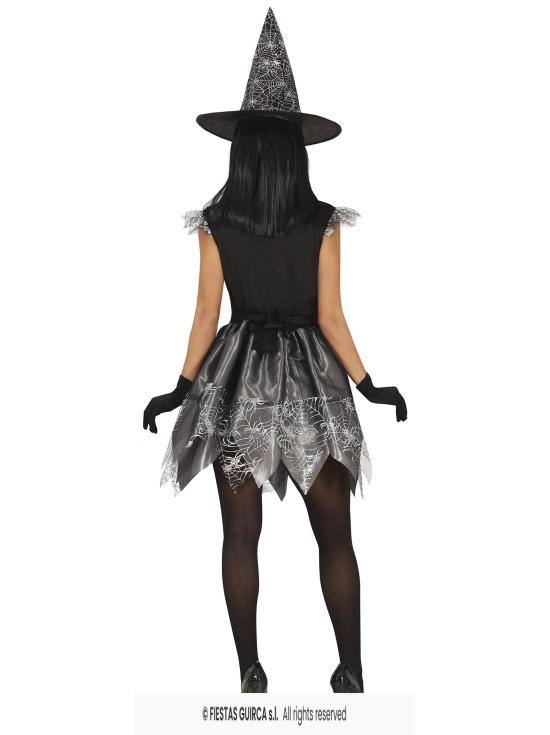 Fantasia de bruxa teia de aranha prateada – Vestido com chapéu – Fantasia de Halloween feminina