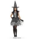Fantasia de bruxa teia de aranha prateada – Vestido com chapéu – Fantasia de Halloween feminina