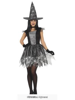 Fantasia de bruxa teia de aranha prateada – Vestido com chapéu – Fantasia de Halloween feminina