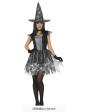Fantasia de bruxa teia de aranha prateada – Vestido com chapéu – Fantasia de Halloween feminina