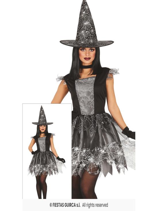 Fantasia de bruxa teia de aranha prateada – Vestido com chapéu – Fantasia de Halloween feminina