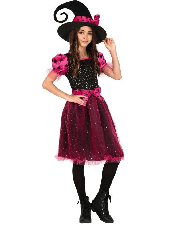 Fato de bruxa rosa vintage para menina