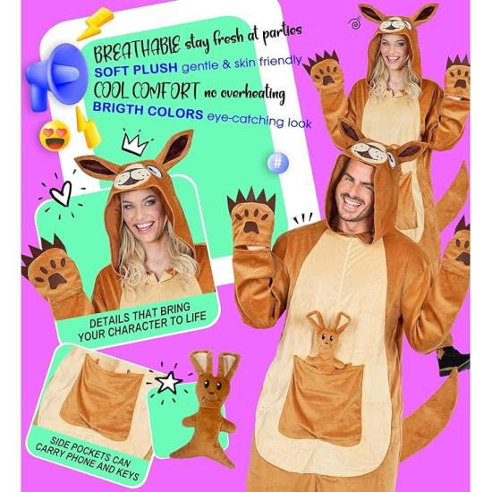 Fantasia de Canguru Adulto – Macacão de Pelúcia com Capuz