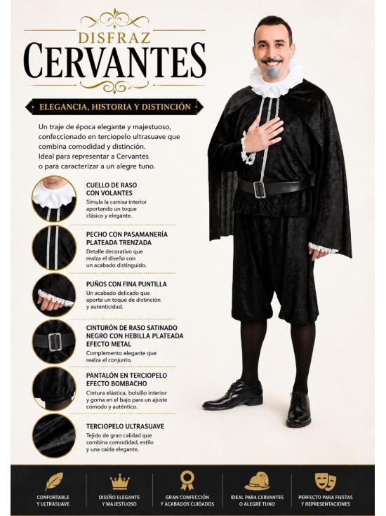 Disfarce de Cervantes para Homem | Disfarce Histórico Elegante