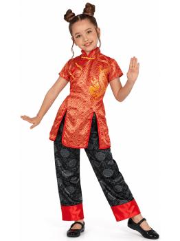 Traje chinês vermelho para meninas com dragão – Jaqueta e calça