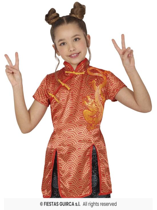 Traje chinês vermelho para meninas com dragão – Jaqueta e calça