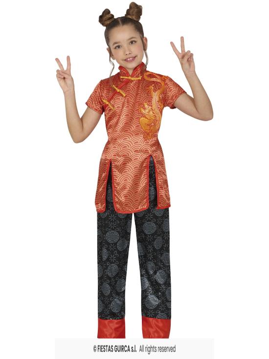 Traje chinês vermelho para meninas com dragão – Jaqueta e calça