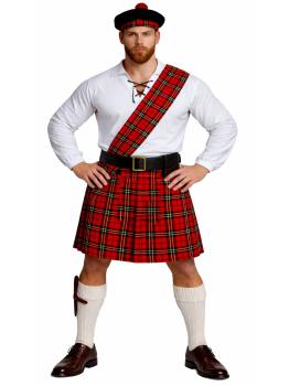 Traje escocês completo para adultos, incluindo kilt e chapéu.