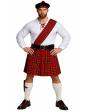 Traje escocês completo para adultos, incluindo kilt e chapéu.