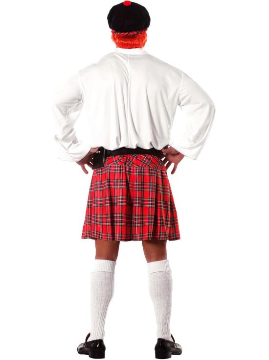 Traje escocês completo para adultos, incluindo kilt e chapéu.