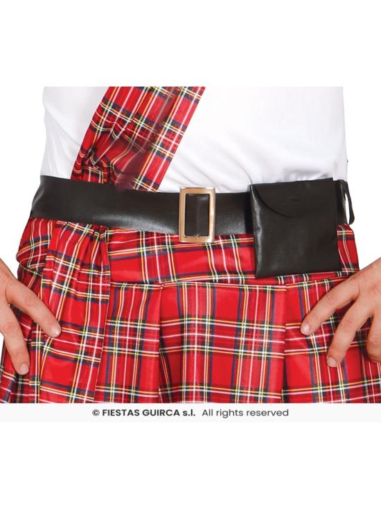 Traje escocês completo para adultos, incluindo kilt e chapéu.