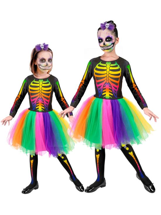 Fantasia de esqueleto multicolor para meninas
