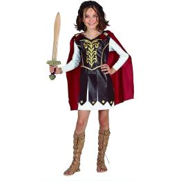 Fantasia de Gladiadora Feminina - Vestido com Decorações Douradas e Capa Vermelha