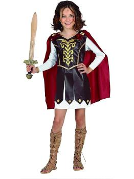 Fantasia de Gladiadora Feminina - Vestido com Decorações Douradas e Capa Vermelha