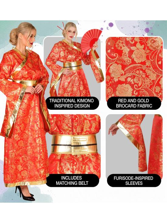 Quimono japonês vermelho e dourado para mulheres