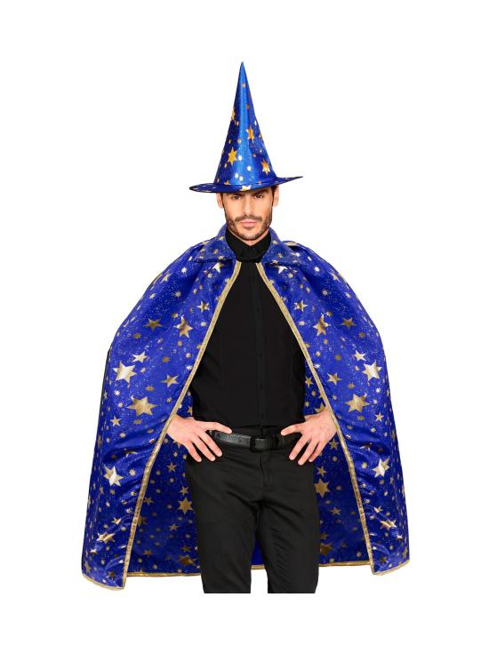 Fantasia de Mágico Adulto – Capa com Chapéu Estrelado (85 cm) 2 Cores