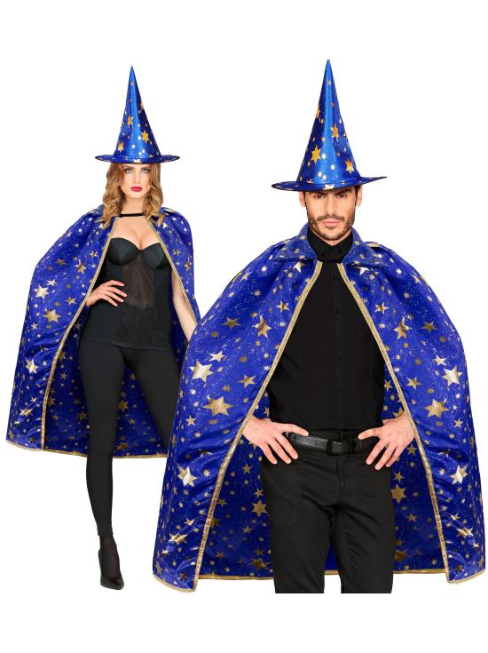 Fantasia de Mágico Adulto – Capa com Chapéu Estrelado (85 cm) 2 Cores
