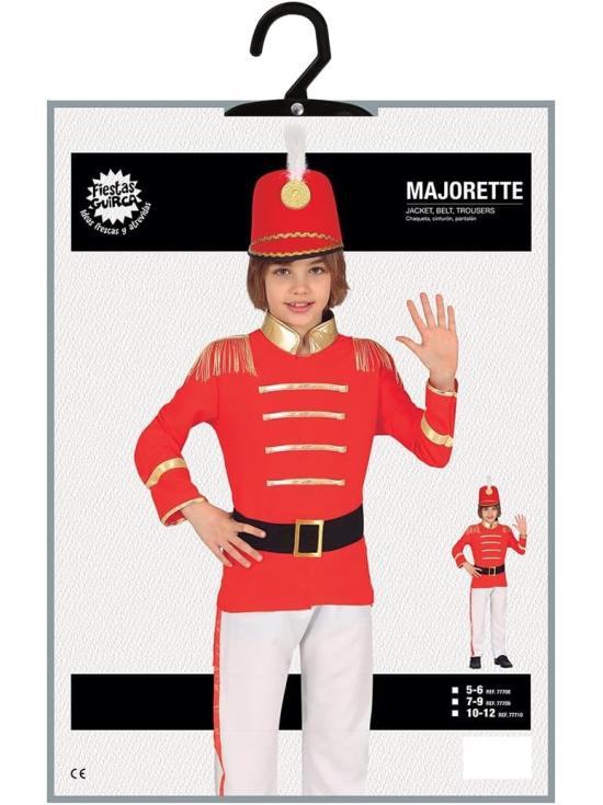 Fantasia de Majorette para Meninos, Vermelha, Branca e Dourada