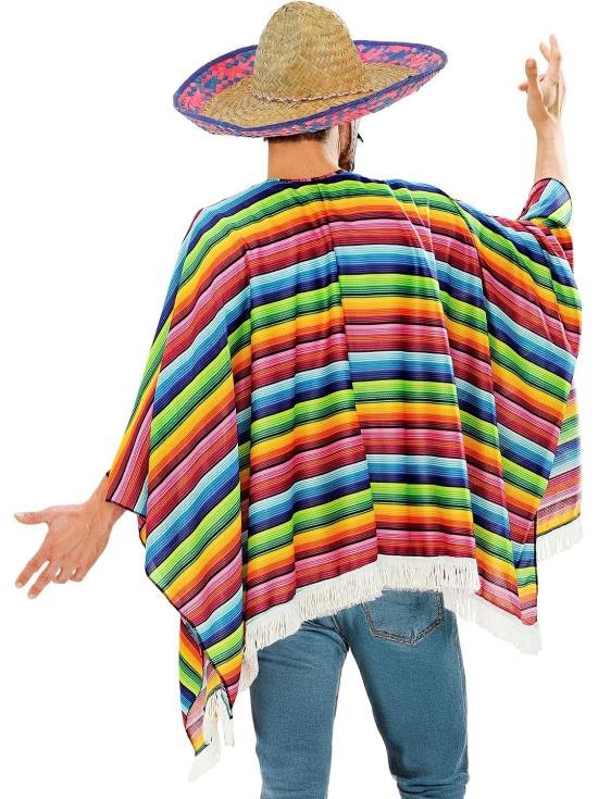 Traje mexicano masculino com poncho e chapéu multicoloridos