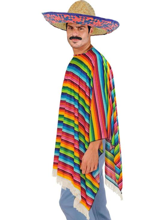 Traje mexicano masculino com poncho e chapéu multicoloridos