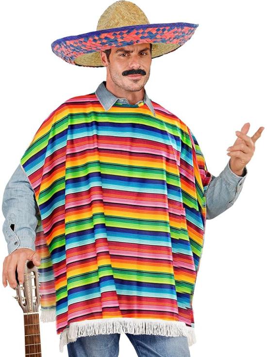 Traje mexicano masculino com poncho e chapéu multicoloridos