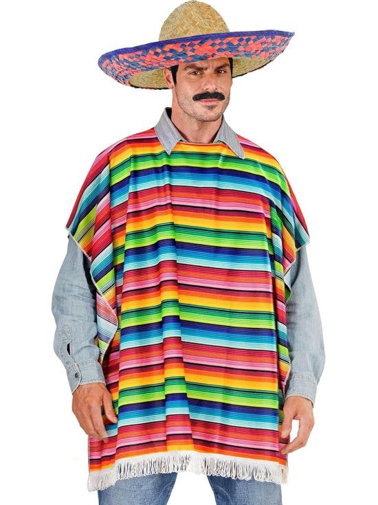 Traje mexicano masculino com poncho e chapéu multicoloridos