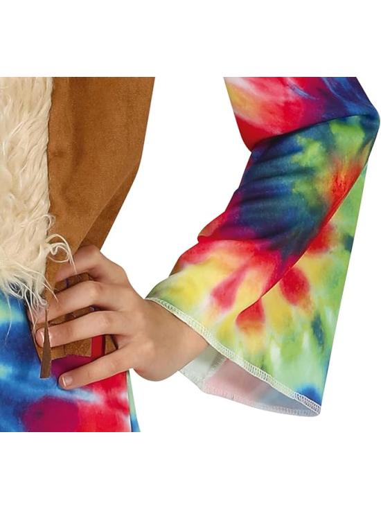 Fantasia de menina hippie, vestido e colete multicolorido tie-dye