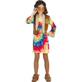 Fantasia de menina hippie, vestido e colete multicolorido tie-dye
