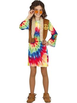 Fantasia de menina hippie, vestido e colete multicolorido tie-dye