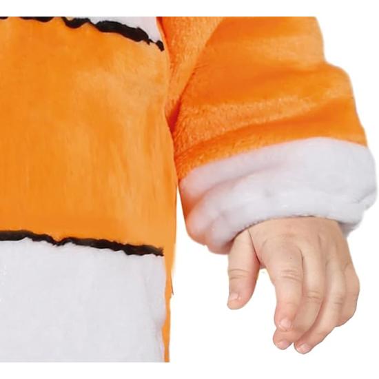 Fantasia de Peixe Palhaço - Macacão e Capuz Listrado Laranja e Branco para Bebê **