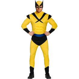 Fantasia de super-herói Wolverine musculoso dos X-Men para adultos, amarela, com capuz.