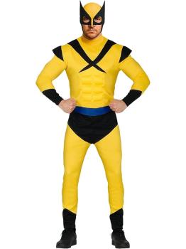 Fantasia de super-herói Wolverine musculoso dos X-Men para adultos, amarela, com capuz.