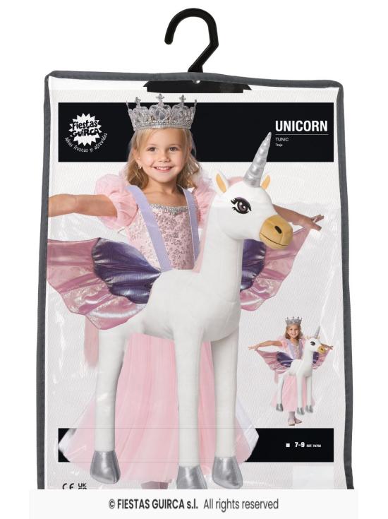 Fantasia de unicórnio infantil com boneca e vestido, tamanho 7-9 anos.