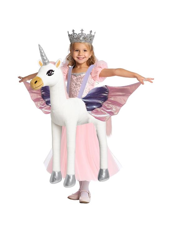 Fantasia de unicórnio infantil com boneca e vestido, tamanho 7-9 anos.