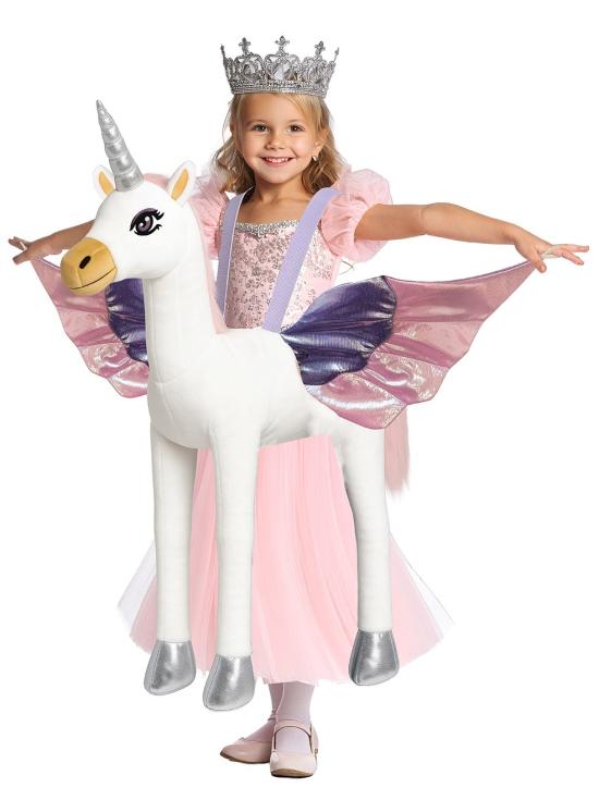 Fantasia de unicórnio infantil com boneca e vestido, tamanho 7-9 anos.