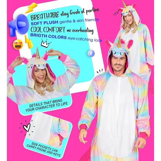 Fantasia de Unicórnio Unissex Adulto – Macacão de Pelúcia Arco-Íris