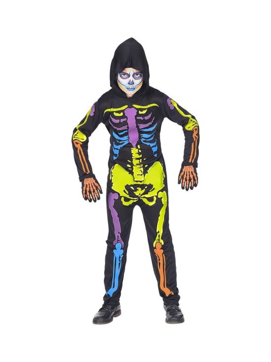 Traje de esqueleto colorido tamanho infantil.