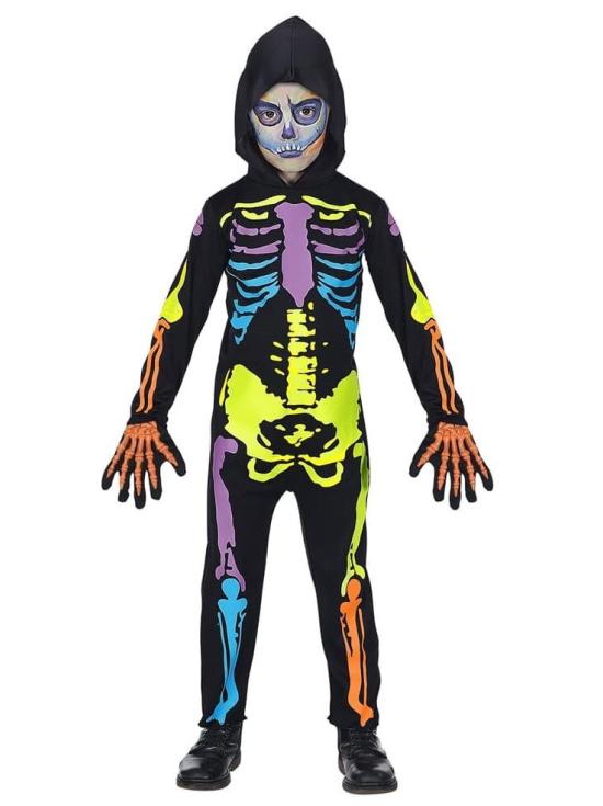 Traje de esqueleto colorido tamanho infantil.